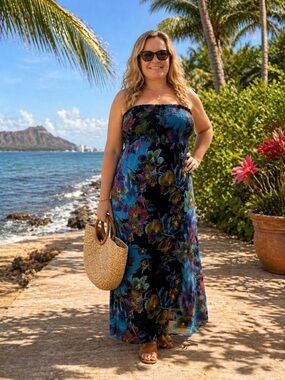 Strapless Floral Maxi Dress - Blue Multi-Colored Size L Boho Vacation Beach